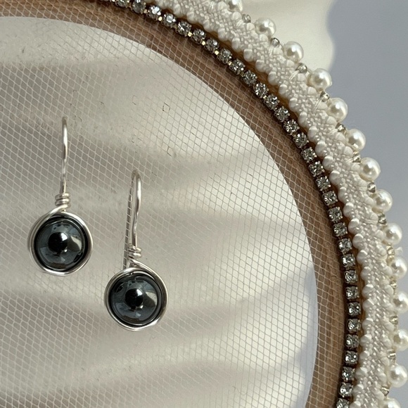 Hematite Silver Wire Wrapped Minimalist Earrings - Picture 4 of 11